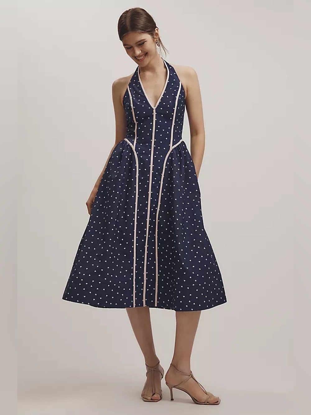 Anthropologie Maeve V-Neck Waisted Halter Midi Dress Navy Blue Heart Print Sz M
